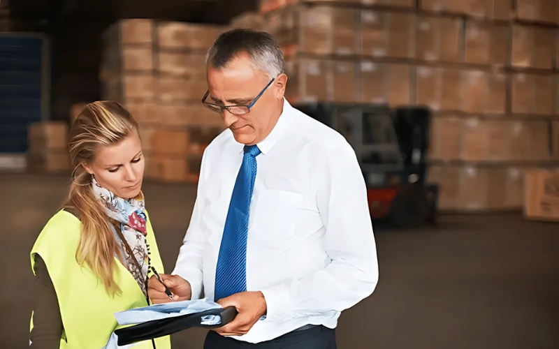 A man and woman stand in a warehouse, analyzing a clipboard to determine their business's qualification for IC-DISC.