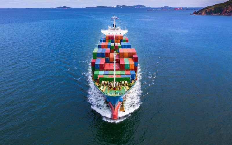 A container ship sails across the ocean, representing the distribution and wholesale export sectors.

