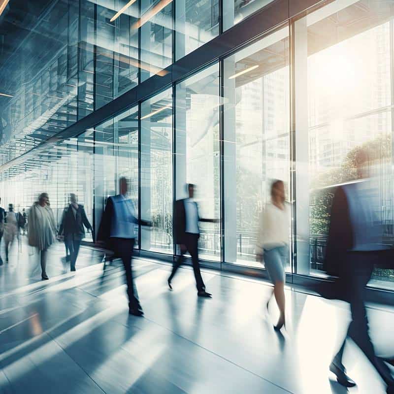 Blurred figures of business people walking through a bright, modern glass-walled office lobby.